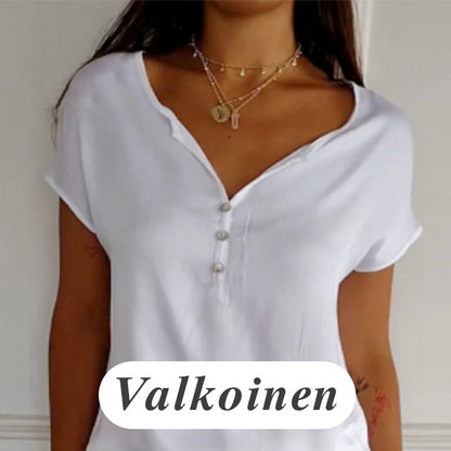 Kortärmad T-shirt med V-ringning, satin och slät yta