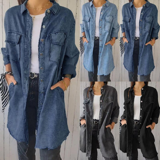 🔥HOT REA 49% OFF🔥Faux Denim Bekväm lång kappa Skjorta